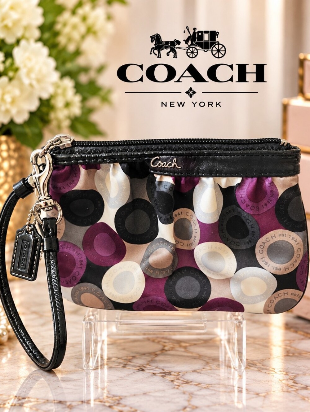 Coach Op Art Print Satin Wristlet – Black, Purple & Gray Like EUC!!